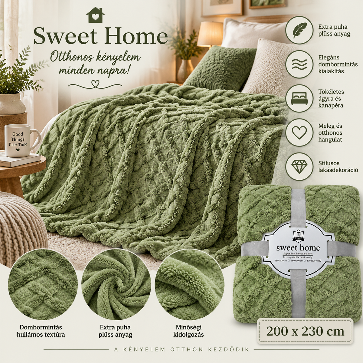 Sweet Home zöld plüss takaró 200×230 cm – Puha dombormintás takaró