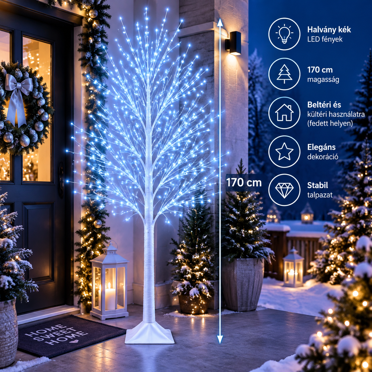 170 cm LED világító díszfa – Halvány kék karácsonyi fénydekoráció