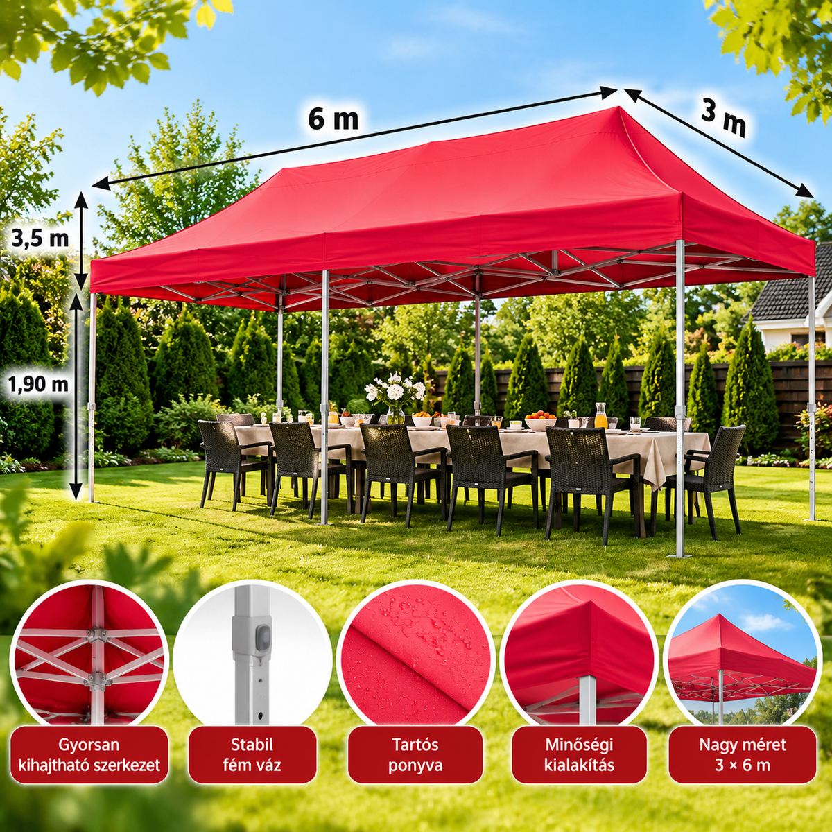 Easy Up Összecsukható kerti pavilon 3x6 m - piros