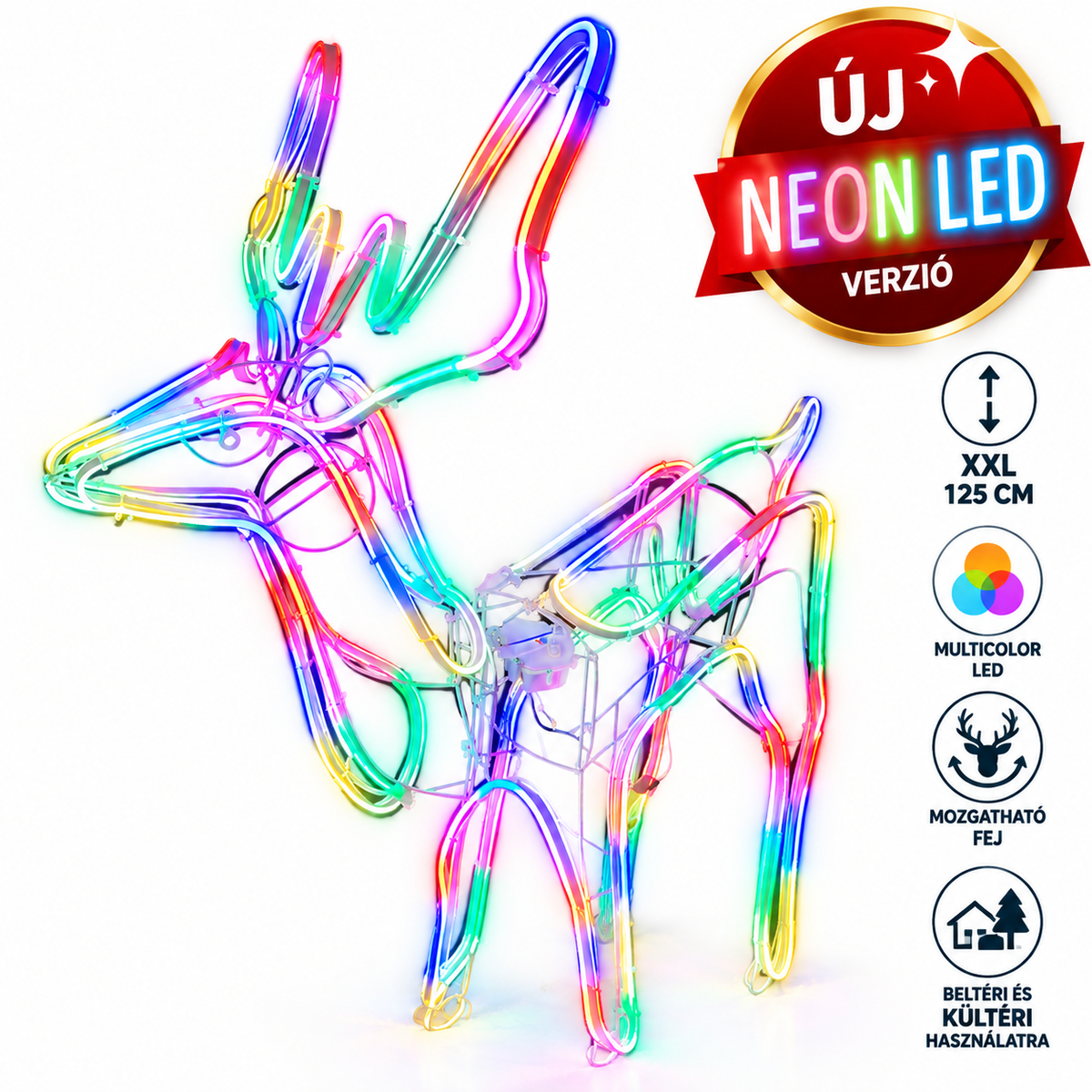 ÚJDONSÁG! XXL 125 cm Neon LED Rénszarvas –  Mozgatható Fejjel Multicolor