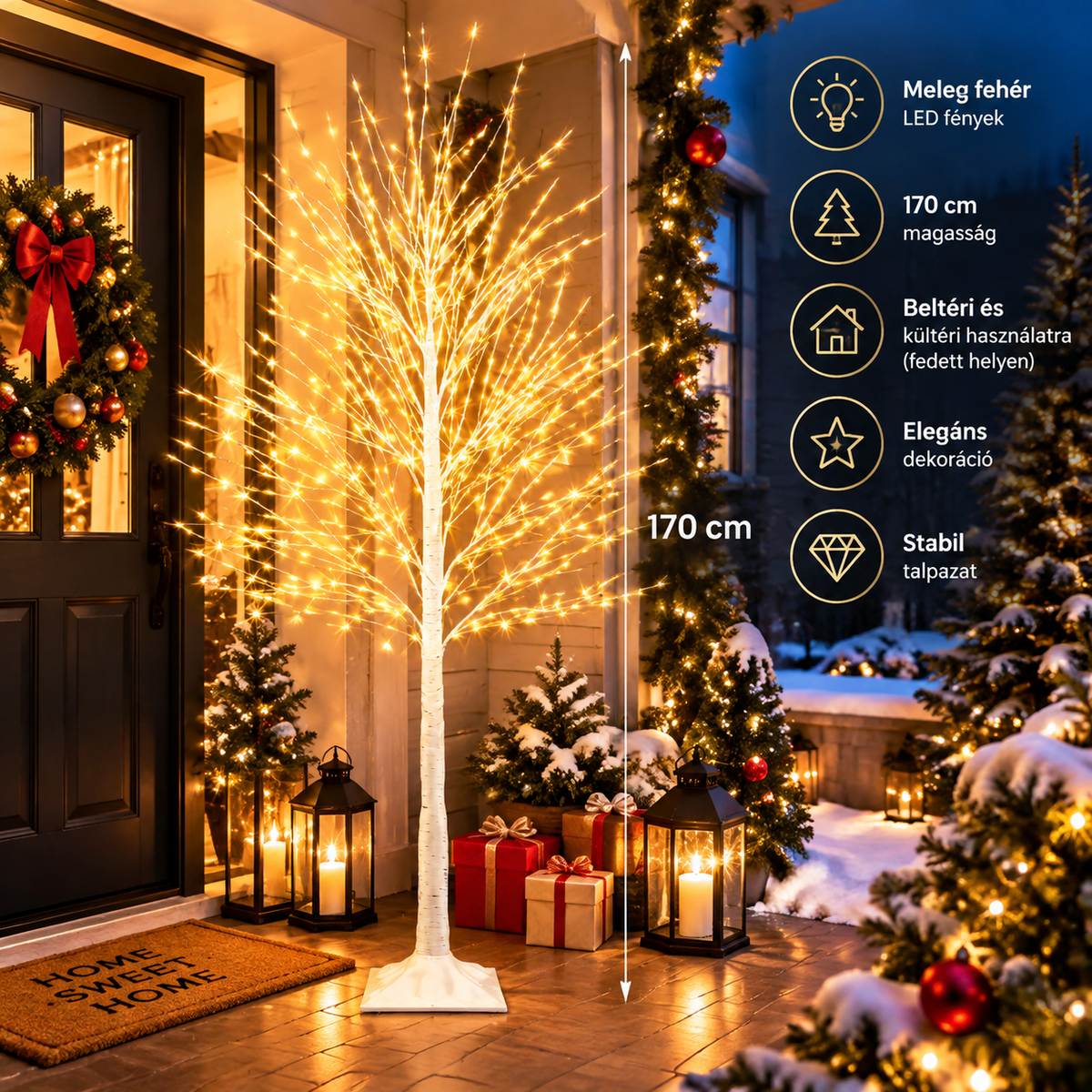 170 cm LED világító díszfa – Meleg fehér fényű karácsonyi fényfa dekoráció