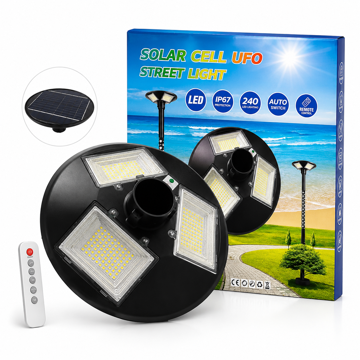 Napelemes UFO kültéri lámpa 240 LED-del, IP67 védelemmel és távirányítóval
