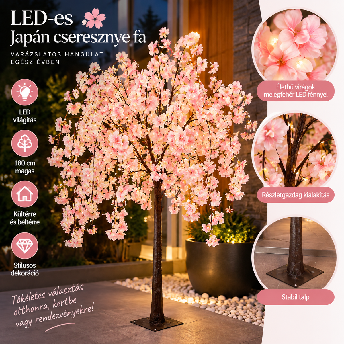 LED-es Japán cseresznyevirág fa – rózsaszín dekoráció 180 cm