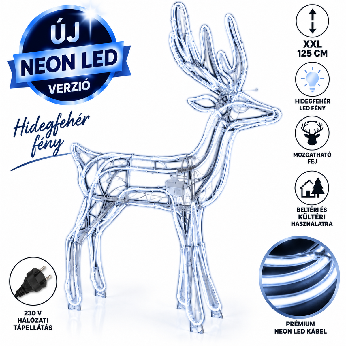 XXL 125 cm Neon LED Rénszarvas – Hidegfehér Mozgófejű