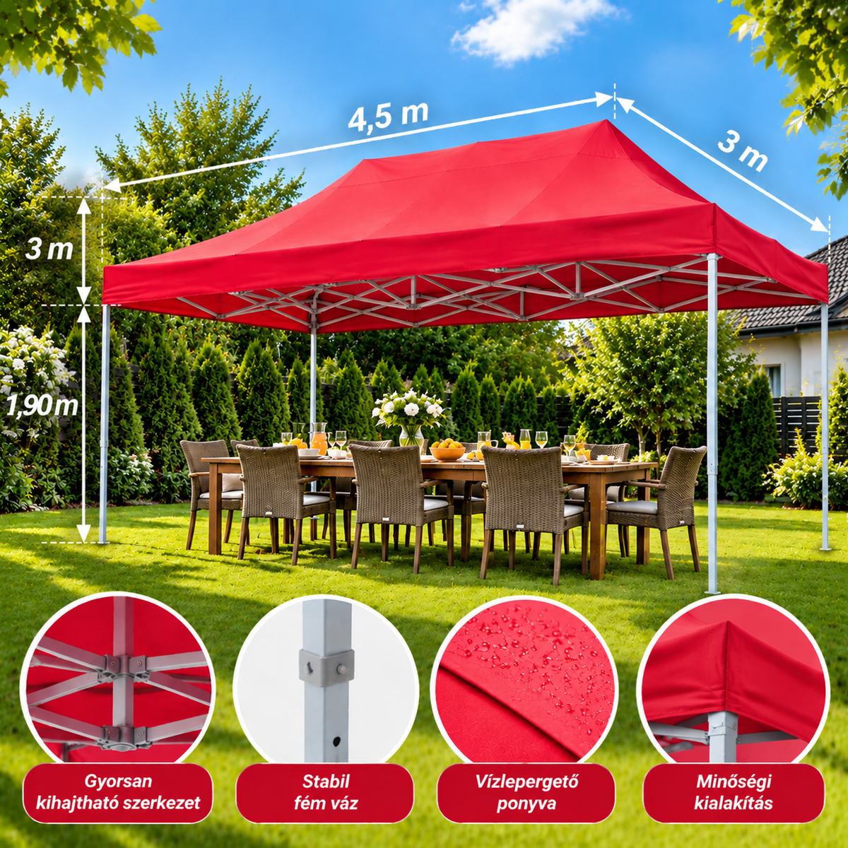 Easy Up Összecsukható kerti pavilon 3x4,5 m - piros