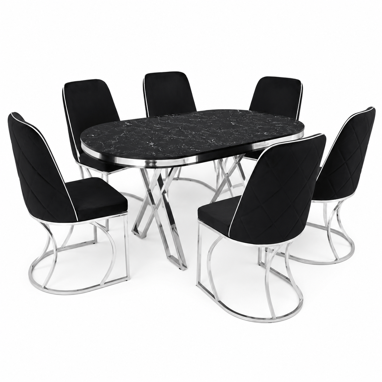 Noiré Fekete 5D Márványhatású Étkezőgarnitúra 6 székkel – 160 × 80 cm