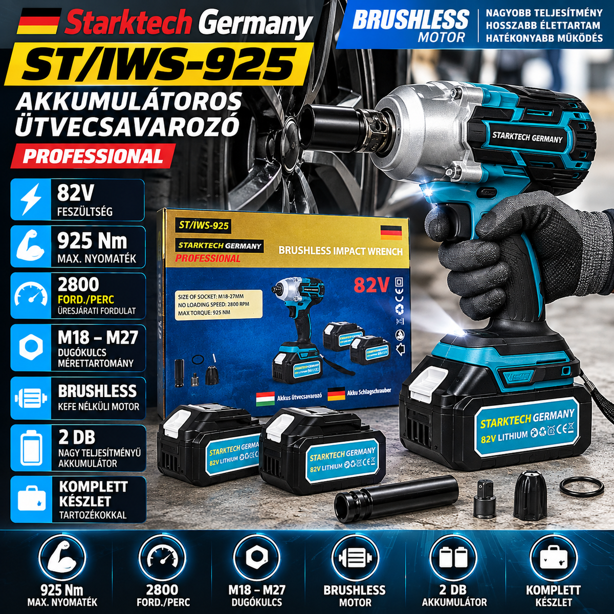 Starktech Germany ST/IWS-925 Akkumulátoros Ütvecsavarozó 82V – 925 Nm, Brushless