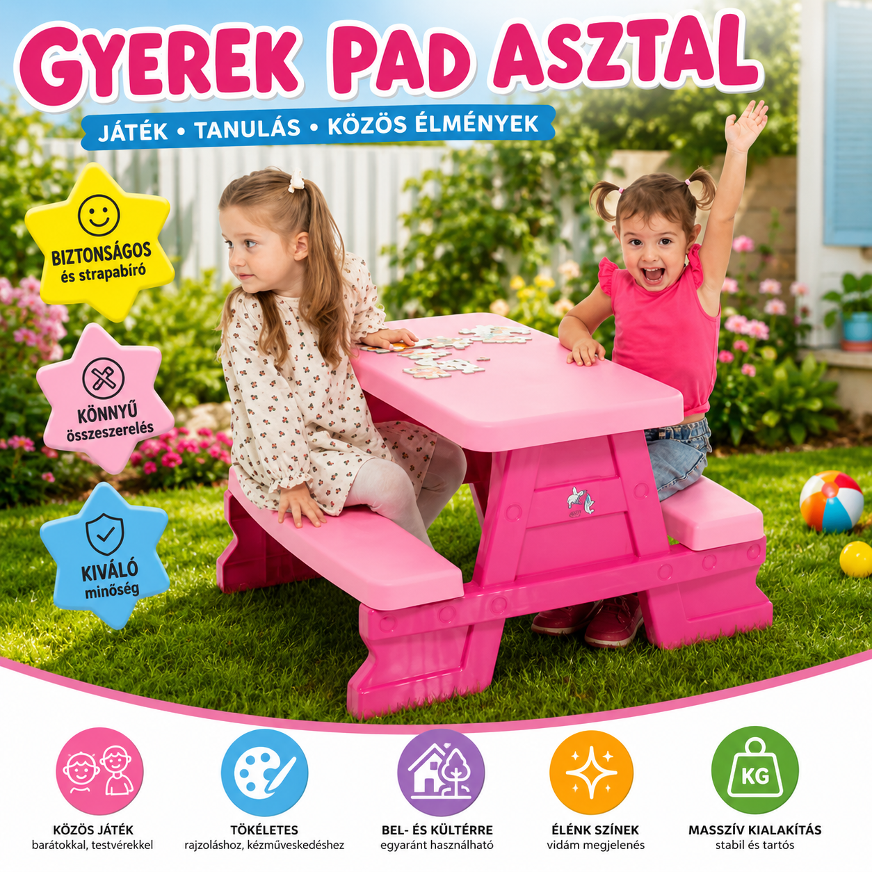 PinkyFun Gyerek Piknik Asztal Padokkal Rózsaszín