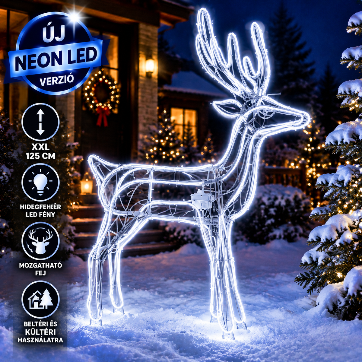 XXL 125 cm Neon LED Rénszarvas – Hidegfehér Mozgófejű