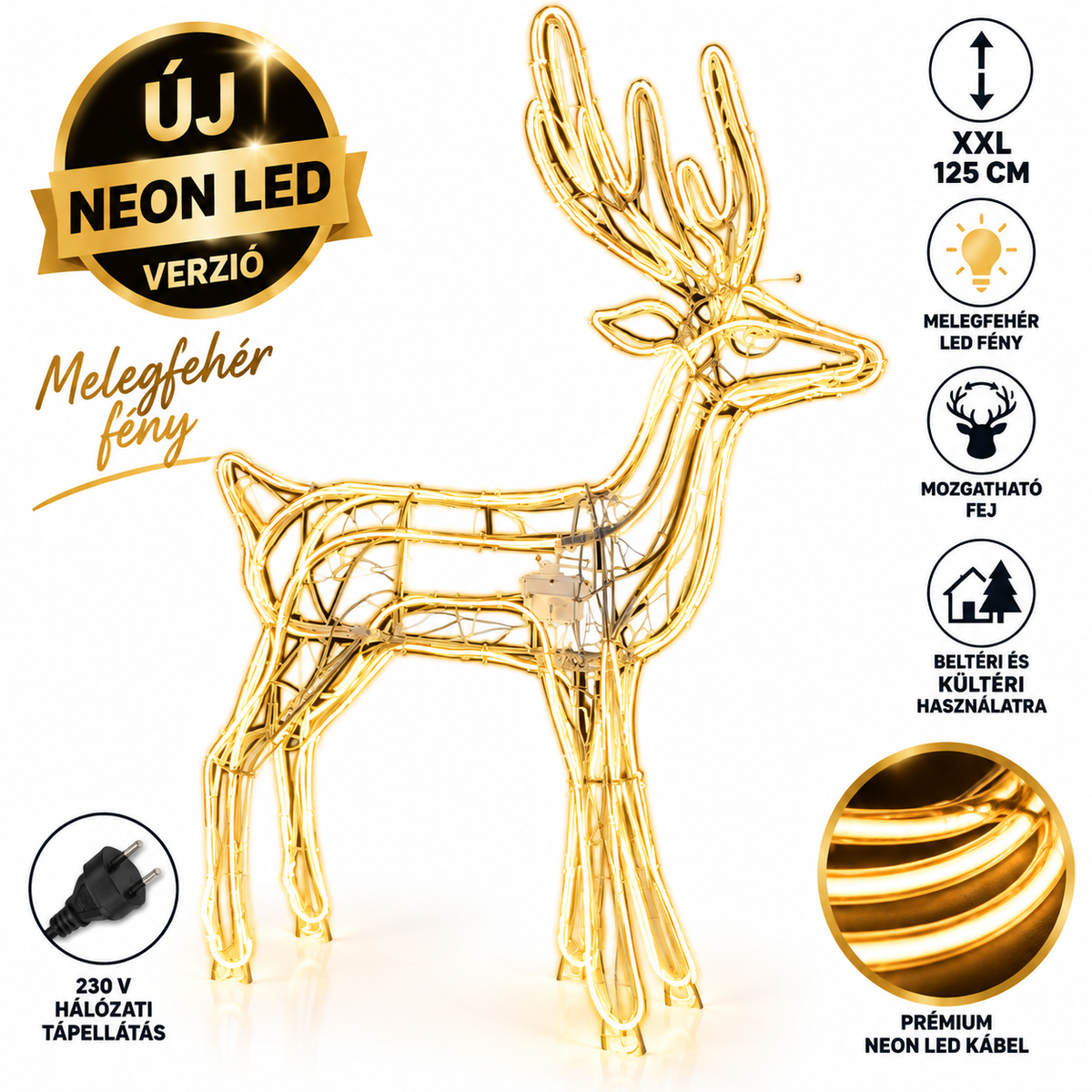 XXL 125 cm Neon LED Rénszarvas – Melegfehér Karácsonyi Dekoráció - Mozgófejű