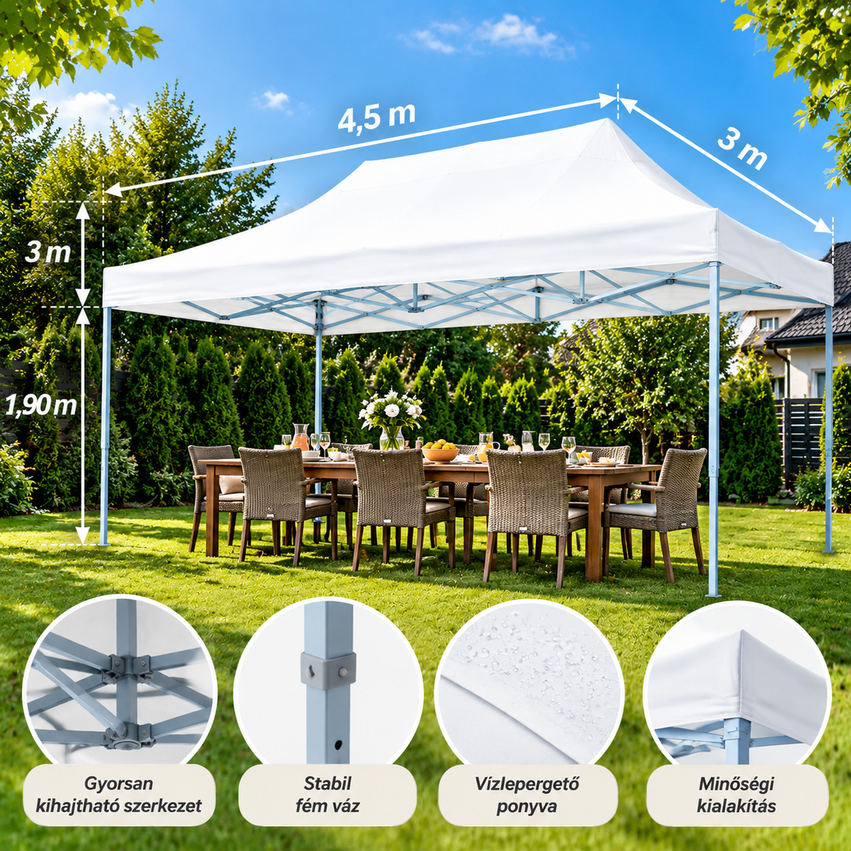 Easy Up Összecsukható kerti pavilon 3x4,5 m - fehér