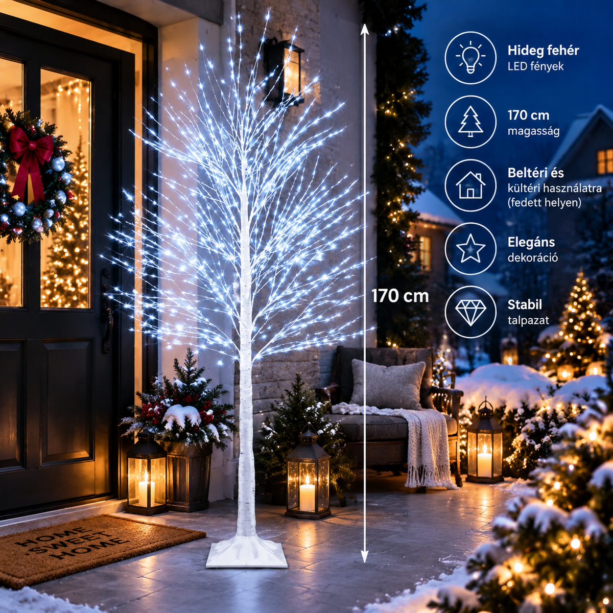 170 cm LED világító díszfa – Hideg fehér fényű karácsonyi fényfa dekoráció