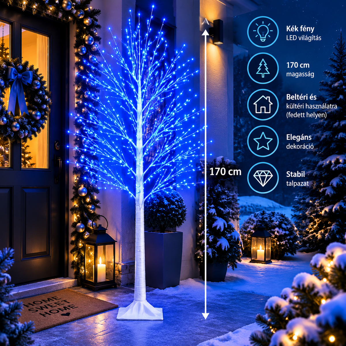 170 cm LED világító díszfa – Kék fényű karácsonyi fényfa dekoráció