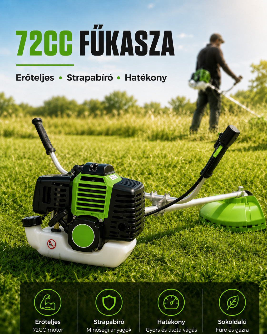 Benzines Fűkasza és Bozótvágó 72,7 cm³, 2 Ütemű Motorral – Zöld DT7200