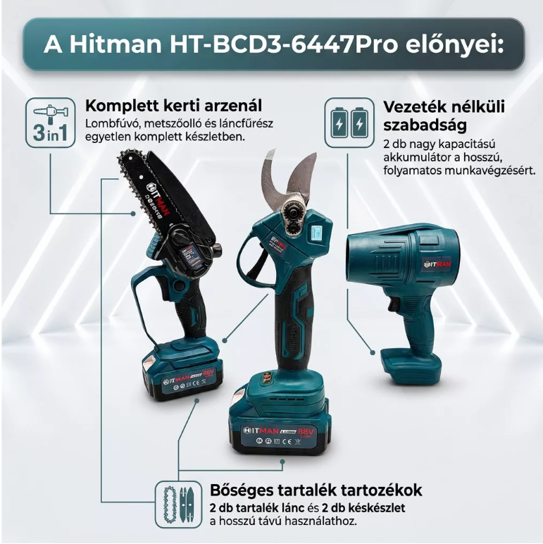 Hitman 3 az 1-ben akkumulátoros kerti szett – Lombfúvó, metszőolló, láncfűrész  (HT-BCD3-6447Pro)