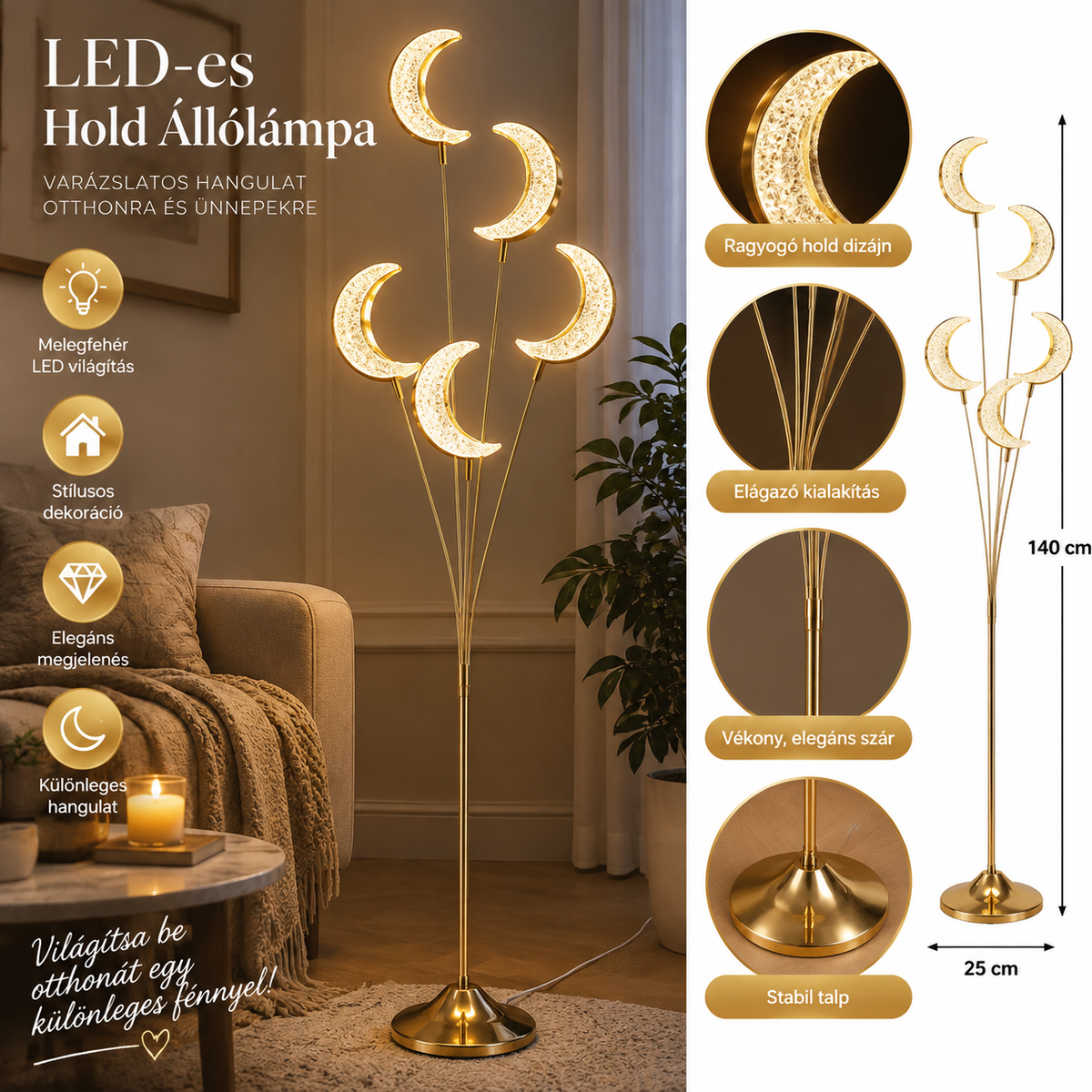 LED-es Hold Állólámpa 5 db Arany Színű Hold Dekorációval – 140 cm