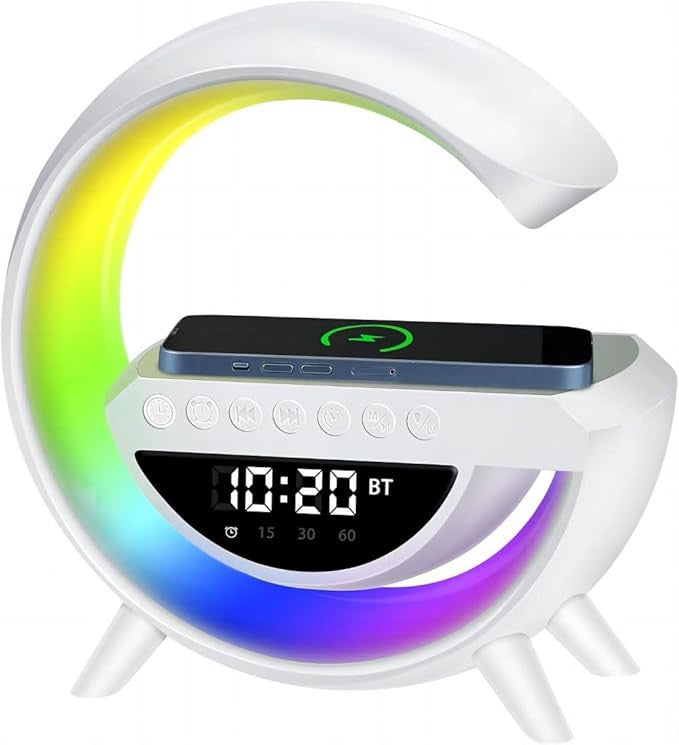 Mini Multimédiás bluetooth hangszoró, vezeték nélküli töltőpad, ébreszőóra, RGB LED LÁMPA