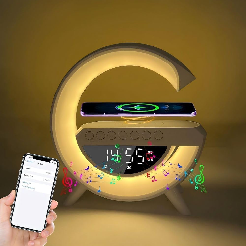 Mini Multimédiás bluetooth hangszoró, vezeték nélküli töltőpad, ébreszőóra, RGB LED LÁMPA