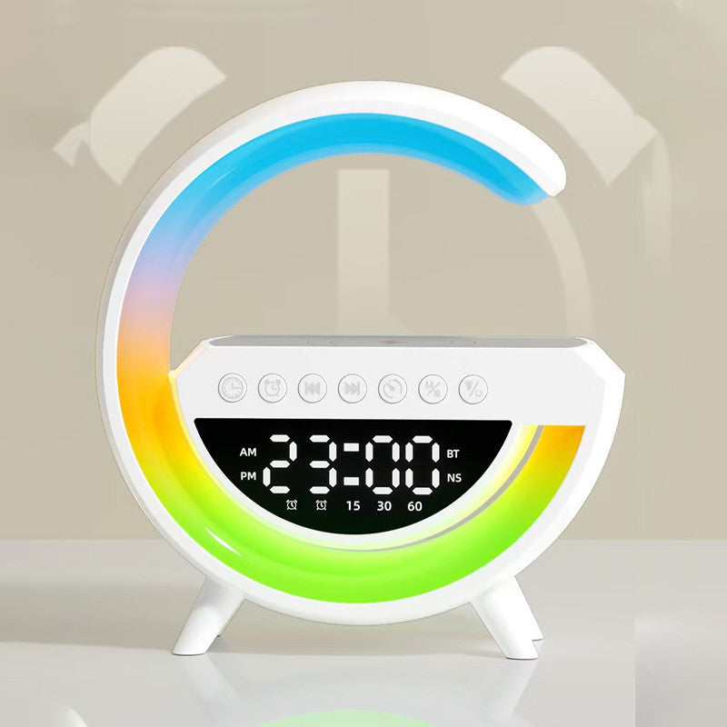 Mini Multimédiás bluetooth hangszoró, vezeték nélküli töltőpad, ébreszőóra, RGB LED LÁMPA