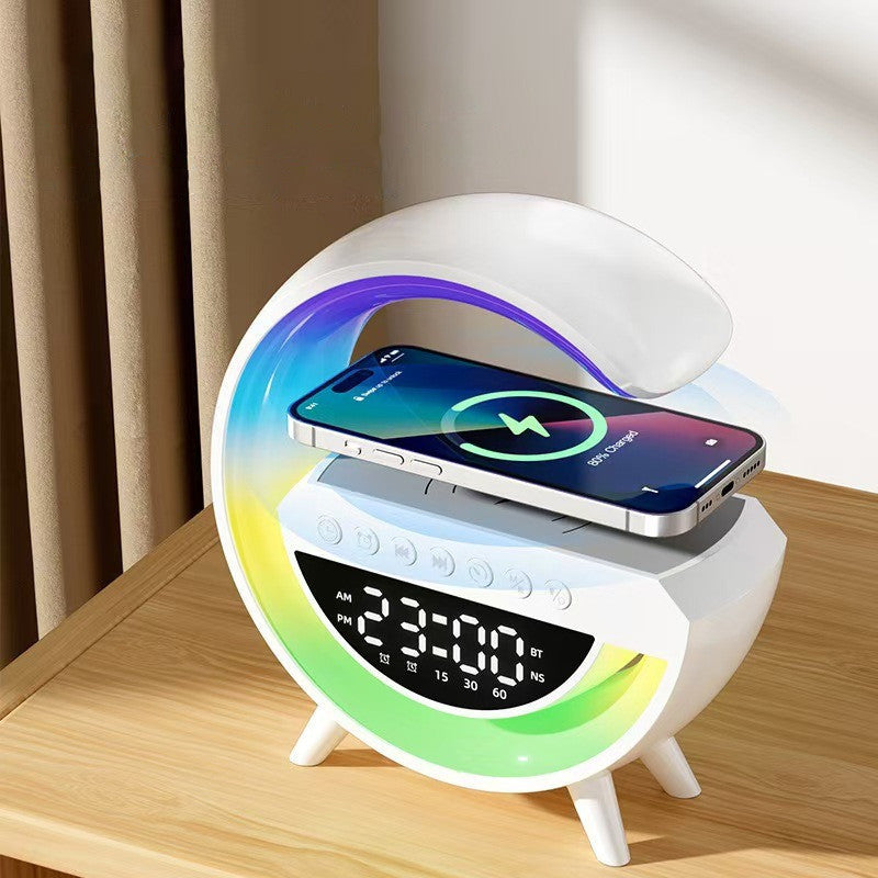 Mini Multimédiás bluetooth hangszoró, vezeték nélküli töltőpad, ébreszőóra, RGB LED LÁMPA