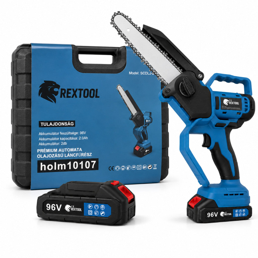 Rextool Prémium automata olajozású láncfűrész, töltés kijelzővel, 2×96V akkumulátorral