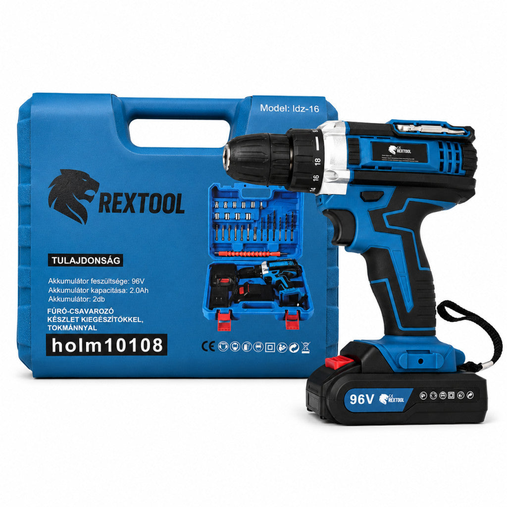 Rextool Fúró-csavarozó készlet rengeteg kiegészítőkkel, tokmánnyal, 2×96V akkumulátorral