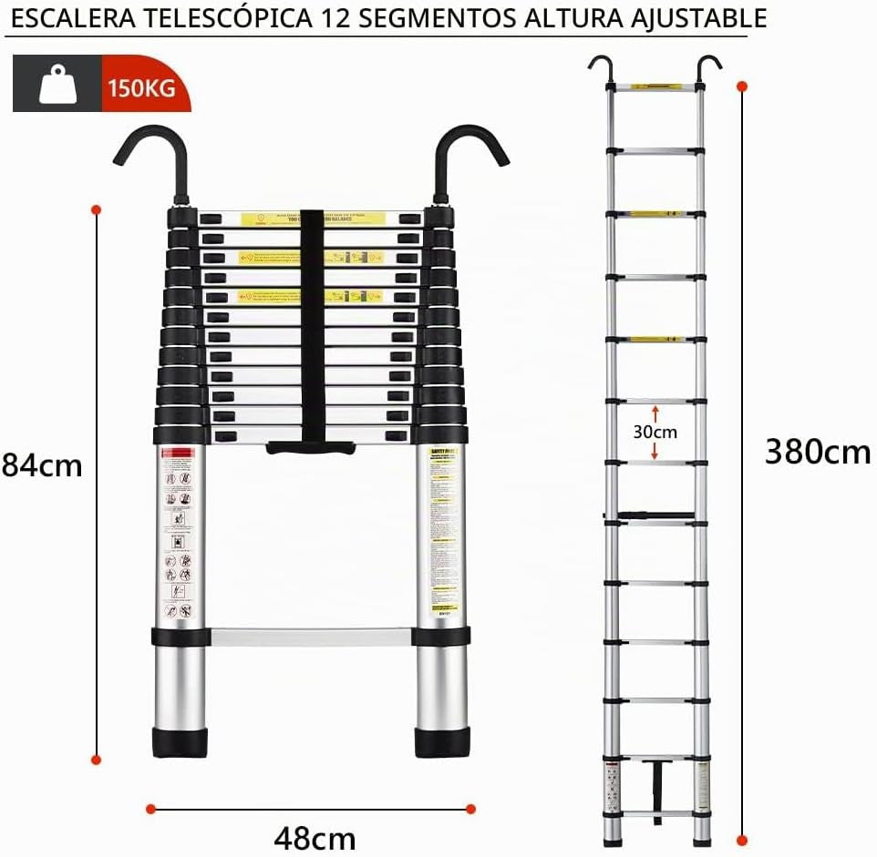 STANEW 3,8 m teleszkópos alumínium létra, összecsukható, 150 kg teherbírás - ezüst