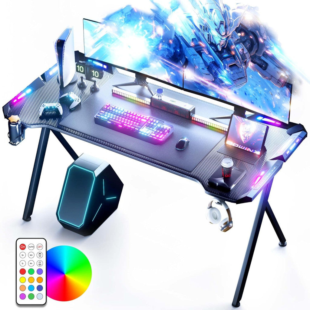 Dowinx RGB Gamer számítógépasztal, 160x60 cm, fekete - Pohártartó, fejhallgató tartó, távirányító