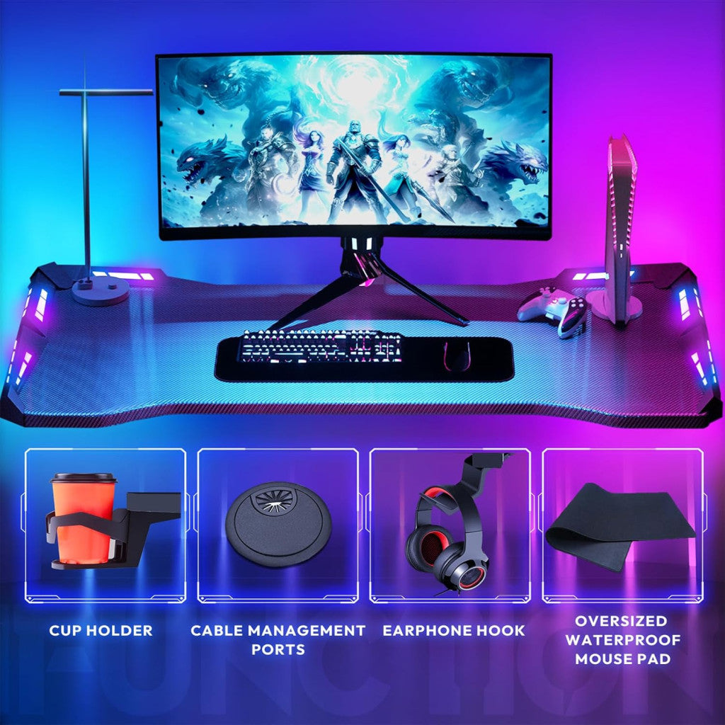 Dowinx RGB Gamer számítógépasztal, 160x60 cm, fekete - Pohártartó, fejhallgató tartó, távirányító