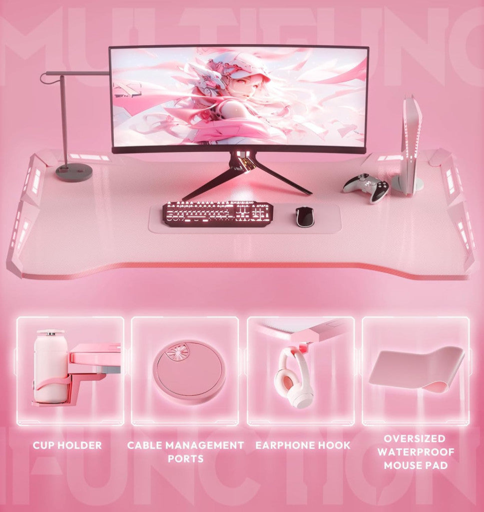 Dowinx RGB Gamer számítógépasztal, 120x60 cm, pink- Pohártartó, fejhallgató tartó, távirányító
