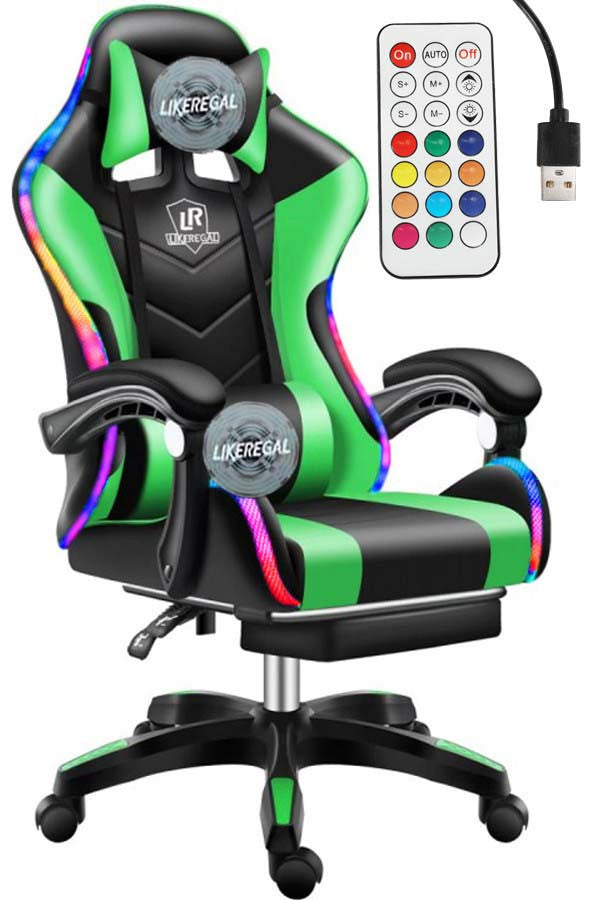 Likeregal 920 LED gamer szék lábtartóval zöld masszázs funkcióval