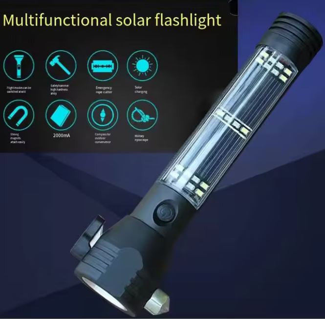 Multifunkciós LED zseblámpa napelemes töltéssel, biztonsági kalapáccsal és övvágóval