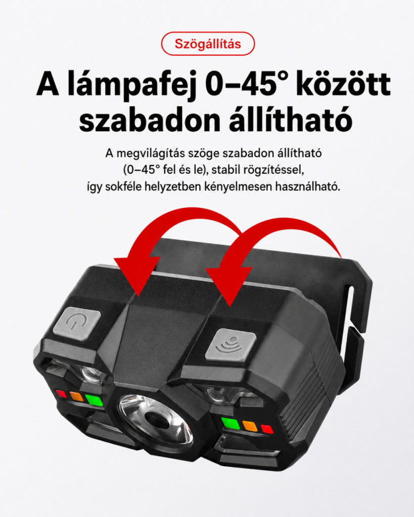 Piros-fehér fényű szenzoros LED fejlámpa – újratölthető, könnyű kivitel