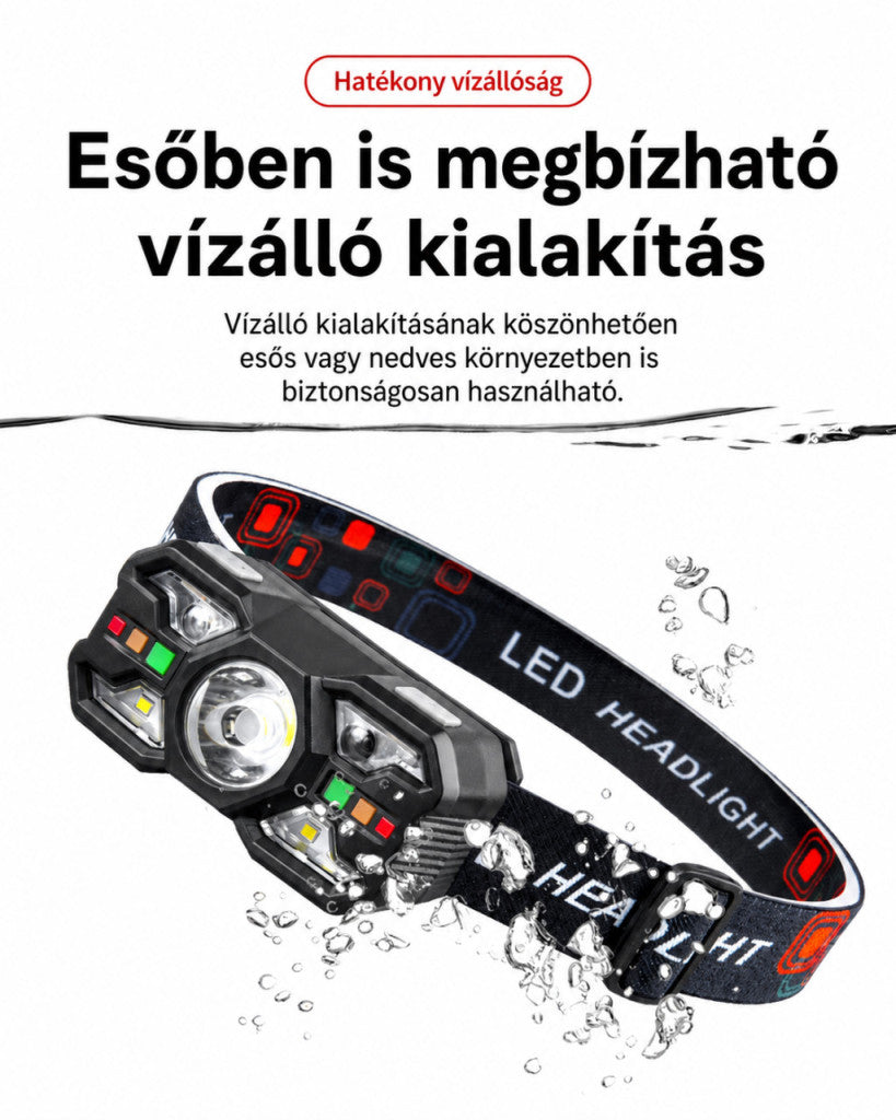 Piros-fehér fényű szenzoros LED fejlámpa – újratölthető, könnyű kivitel