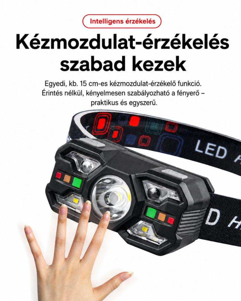 Piros-fehér fényű szenzoros LED fejlámpa – újratölthető, könnyű kivitel