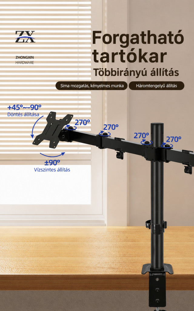 ZX-MT022N dupla monitorállvány – teleszkópos, forgatható asztali tartó