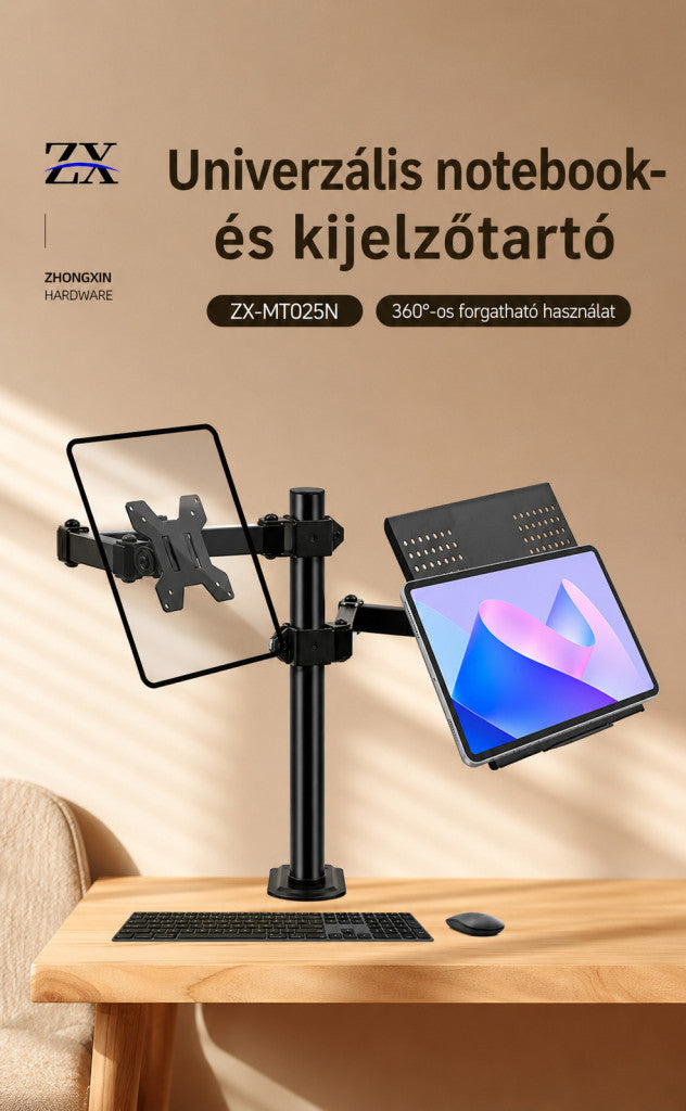 Kétkaros asztali monitor- és laptopállvány 10–32 colos kijelzőkhöz, csíptetős rögzítéssel
