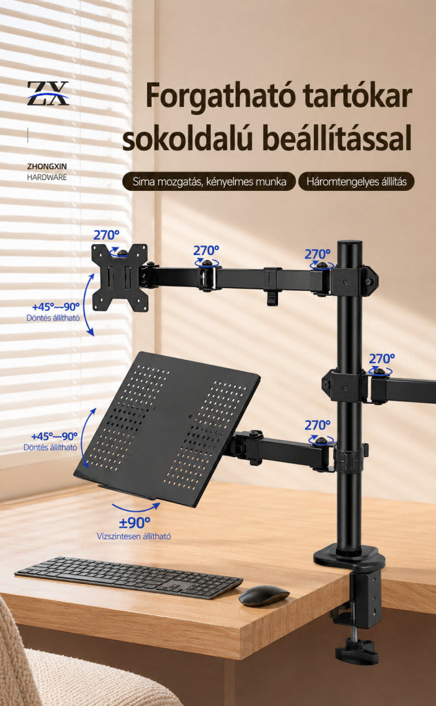 Kétkaros asztali monitor- és laptopállvány 10–32 colos kijelzőkhöz, csíptetős rögzítéssel