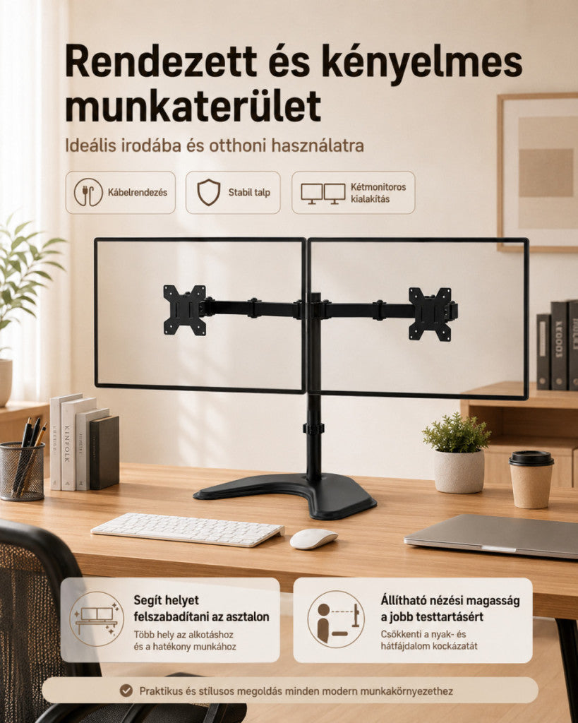 Dupla monitor tartó állvány 10–32 colos kijelzőkhöz, forgatható és állítható mechanikus karral