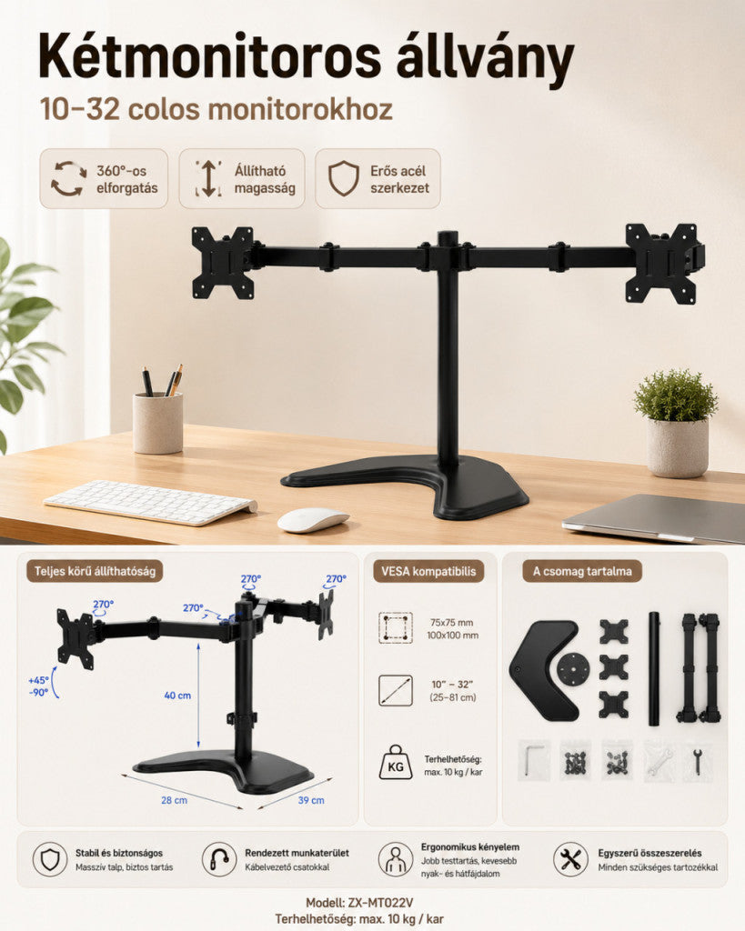 Dupla monitor tartó állvány 10–32 colos kijelzőkhöz, forgatható és állítható mechanikus karral
