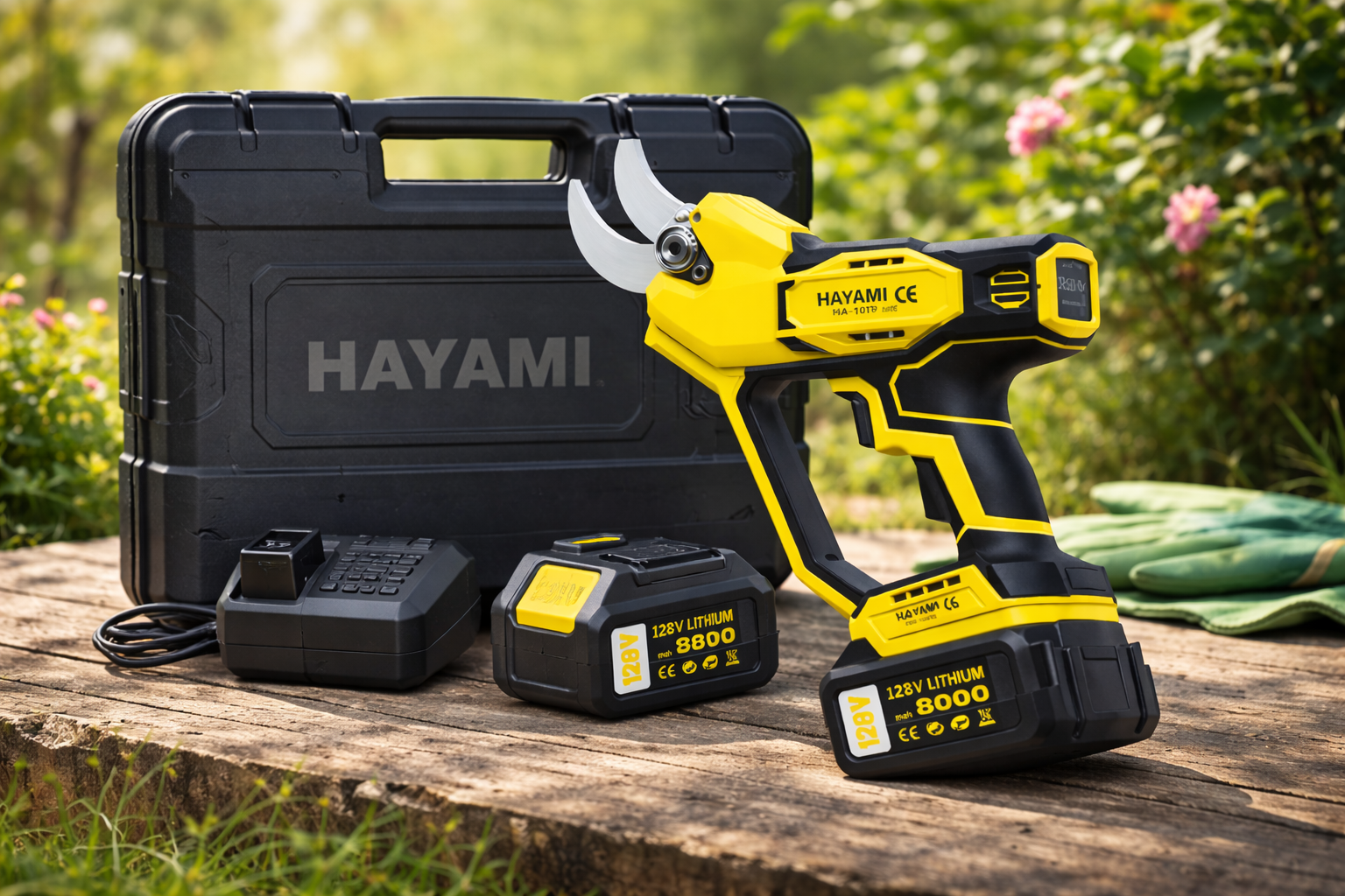 HAYAMI akkumulátoros metszőolló készlet 128 V, 2 akkumulátorral HA-1079