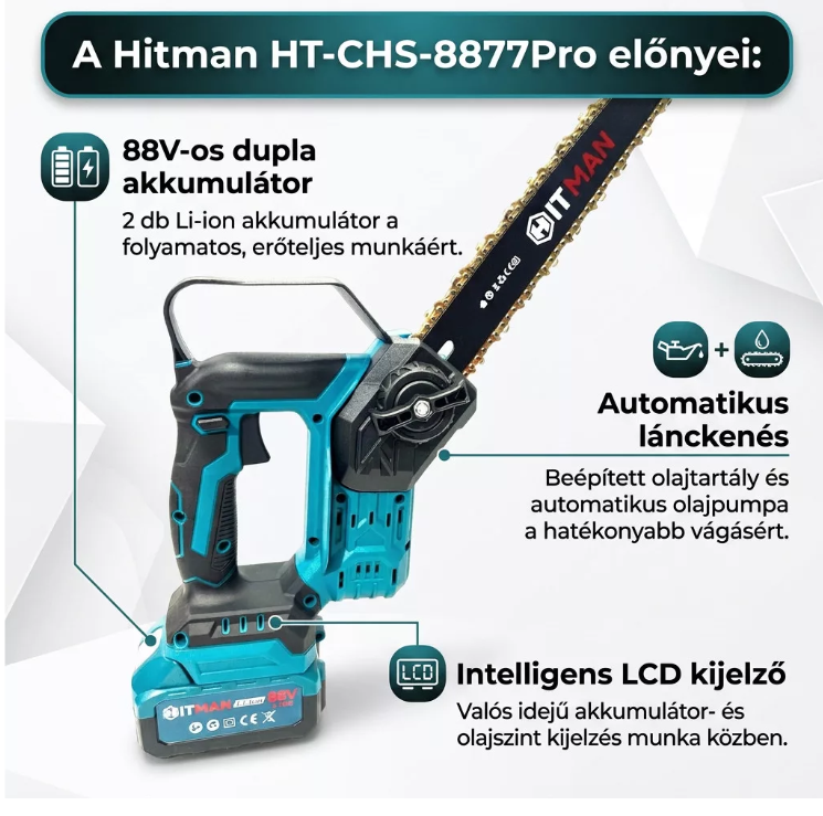 Hitman dupla akkumulátoros ágvágó láncfűrész 88V – 10" (HT-CHS-8877.Pro)